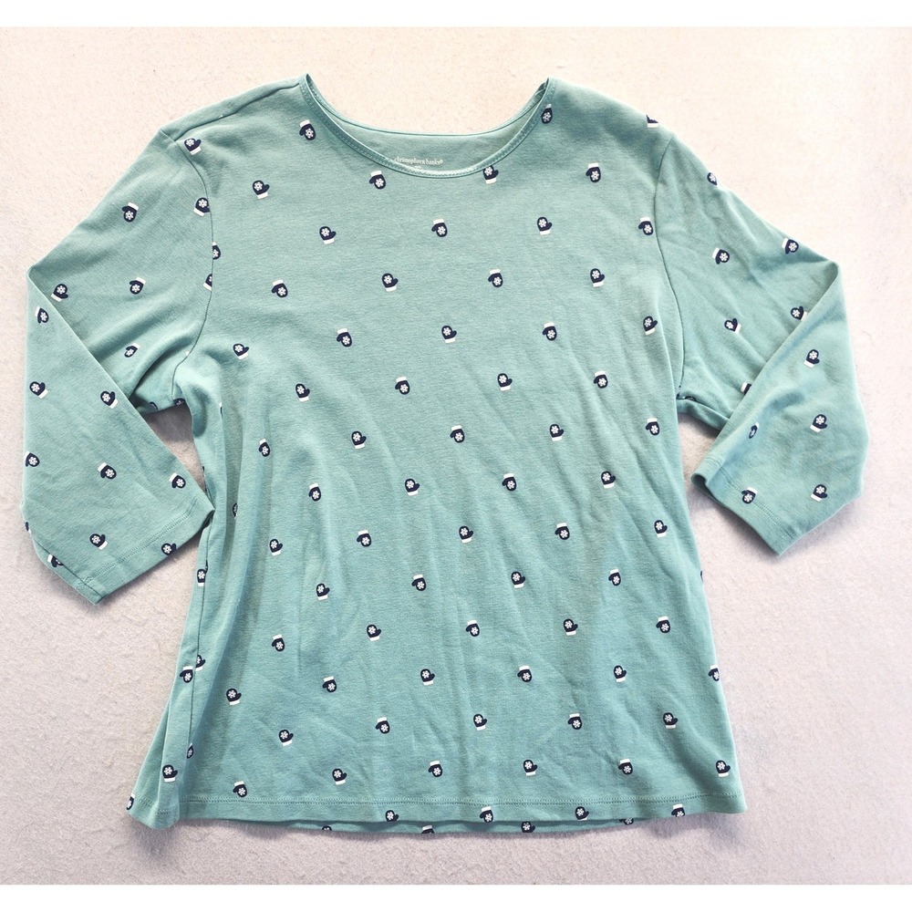 Christopher & Banks Mitten Snowflake Print 3/4 Sleeve Cotton Top Teal‎ XL